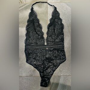 Victoria's Secret Black Lace Teddy Bodysuit Studded Waistline Size S NWOT